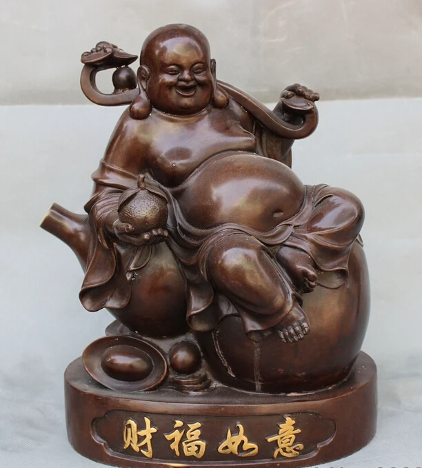 

USPS to USA S1626 14" Chinese Pure Bronze Maitreya Buddha Hold Shou Peach RuYi On Gourd Statue (B0328)