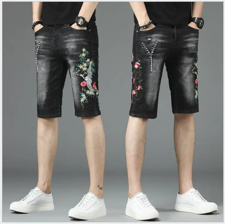 Мужские джинсовые шорты с вышитым цветком, с дырками, черные длиной до колена, эластичные джинсы, тонкие удобные короткие джинсы