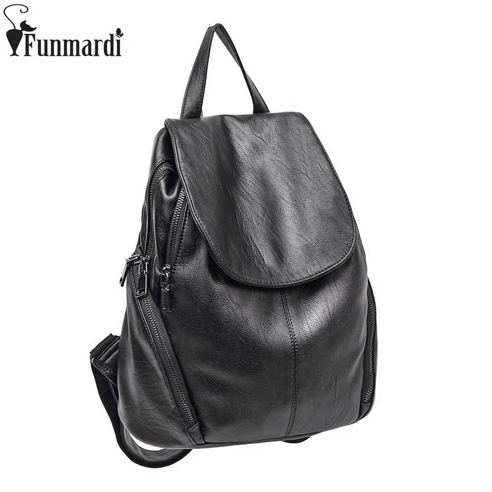 FUNMARDI Vintage Women Cover Zipper Backpack High Quality Leather Schoolbags Simple Travel Bags Fashion Black Backpacks