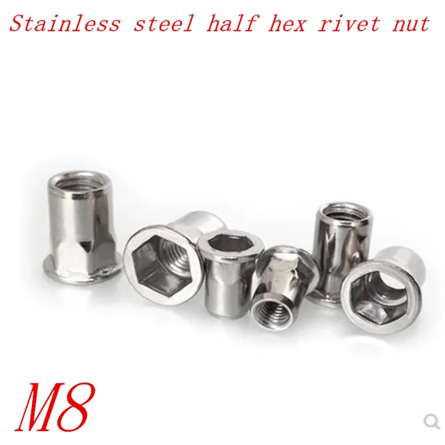 100PCS m8 Stainless Steel Rivnut Flat Head Half Hex Body Rivet Nut