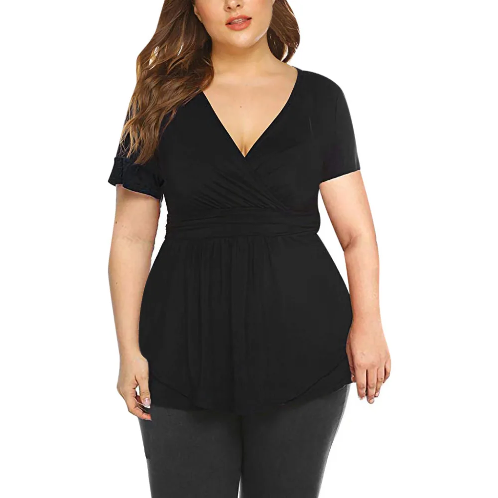 

2019 Blouse Women Loose Plus Size 5XL Solid Short Sleeve Ladies Top Casual Modis Leisure Fashion V-Neck Female Camisas Mujer L*5