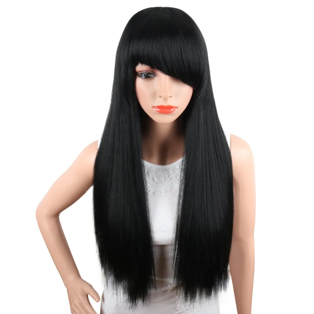 Deyngs Black Long Yaki Straight Side Wigs with Side Bangs Hairstyle Synthetic Wig for Woman Can Be Curled Wigs Heat Resistant 24Inch (10)