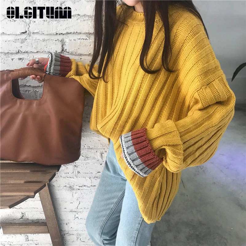 Autumn/Winter New O-neck Women Sweater with Colorful Cuff 2018 Loose Large Size Contrast Color Thick Knitting Female Pullover Autumn/Winter New O-neck Women Sweater with Colorful Cuff 2018 Loose Large Size Contrast Color Thick Knitting Female Pullover
