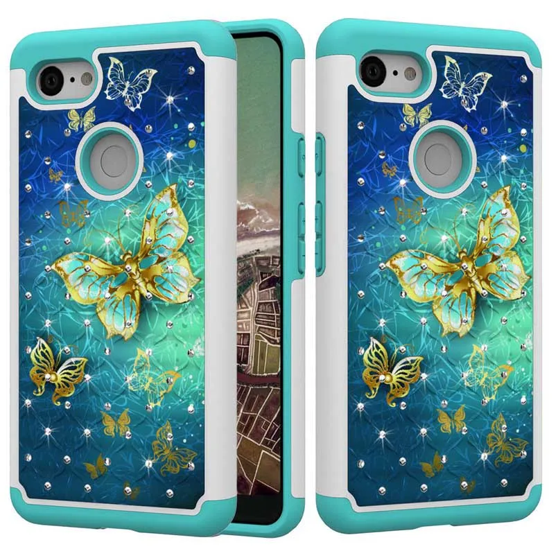 Phone Case for Google Pixel 3 XL Painted Pattern PC and Soft Silicon Bling Glitter Diamond Cover for Google Pixel 3 XL Case 4