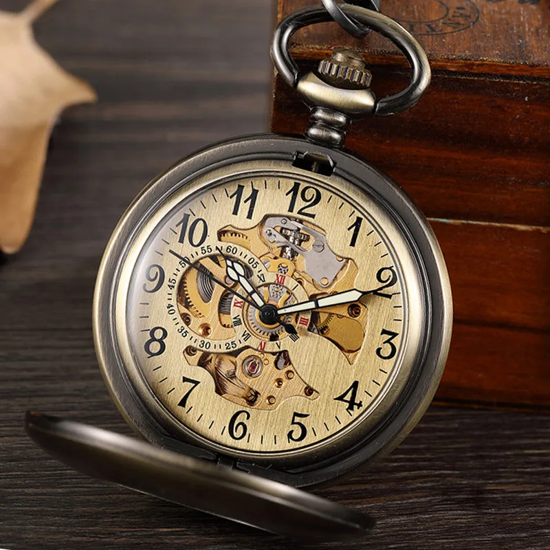Винтажные бронзовые Механические карманные часы со скелетом, мужские Подвесные часы с цепочкой и арабскими цифрами