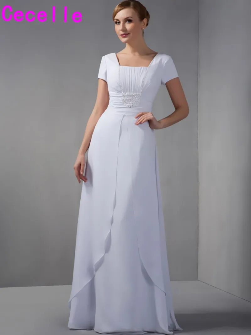 Modest White Long A line Chiffon Beach Bridesmaid Dresses