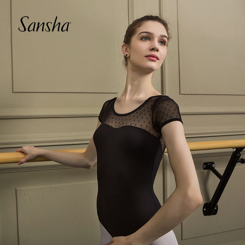 

Sansha Women's Cap Sleeve Leotards Mesh Combined Meryl Lycra Short Sleeve Dancewear For Adult Ballet Gymnastics Leotard KH3518M