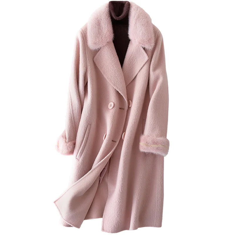 

New Real Fur Coat 20% Alpaca 80% Wool Jacket Mink Fur Collar Autumn Winter Coat Women European Vintage Women Tops Z890