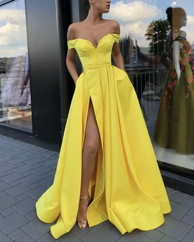 

Yellow Evening Dresses 2019 with Pockets A-line V-neck Off Shoulder Slit Islamic Dubai Saudi Arabic Long Elegant Evening Gown