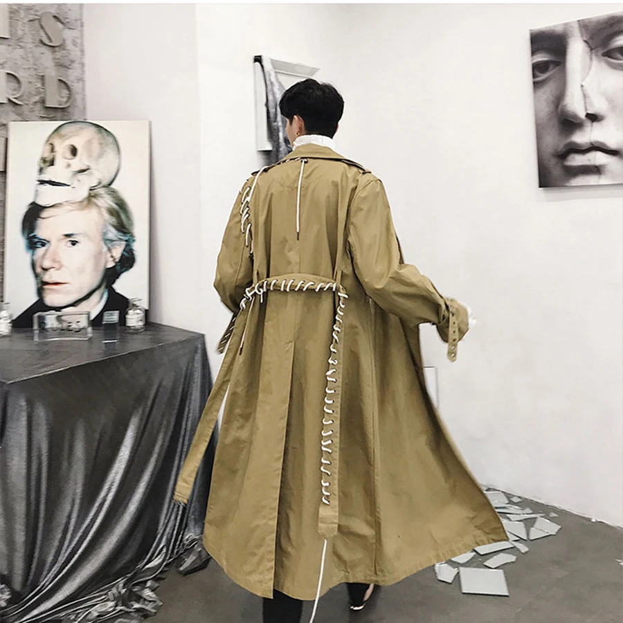 Тренч цвета хаки мужской уличная одежда длинная куртка в стиле панк Мужское