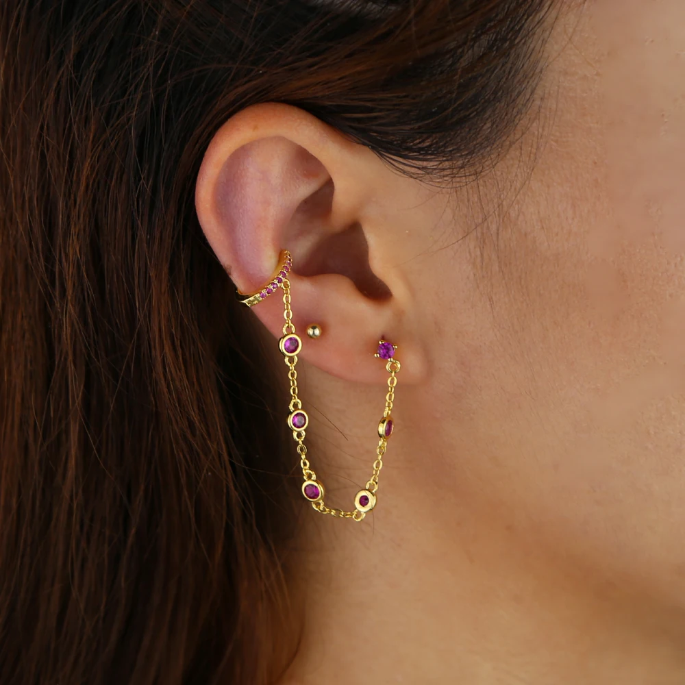 Long Round Cz link chain Tassel drop earring red green white cubic zirconia Gold color fashion earrings