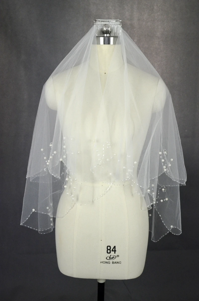 Two Layers Short White/Ivory Beaded bridal Veil Wedding Bridal Veil