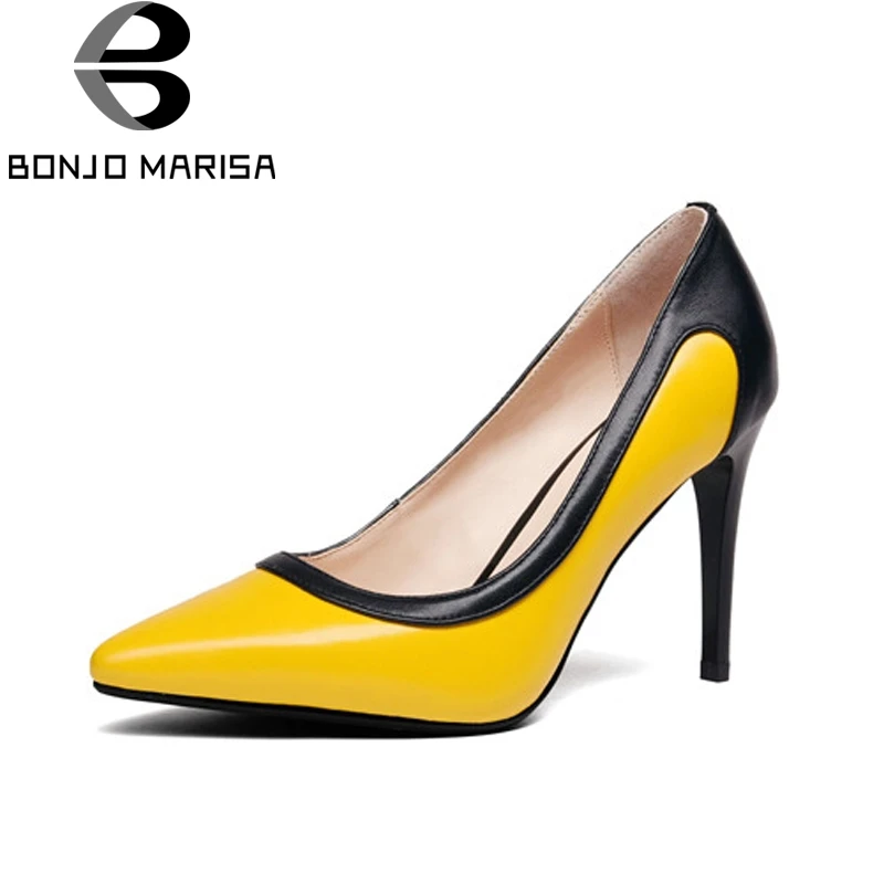 

BONJOMARISA Women's Patent Leather High Heels Pointed Toe Party Wedding Shoes Woman Color Mixed Pumps Size 34-39