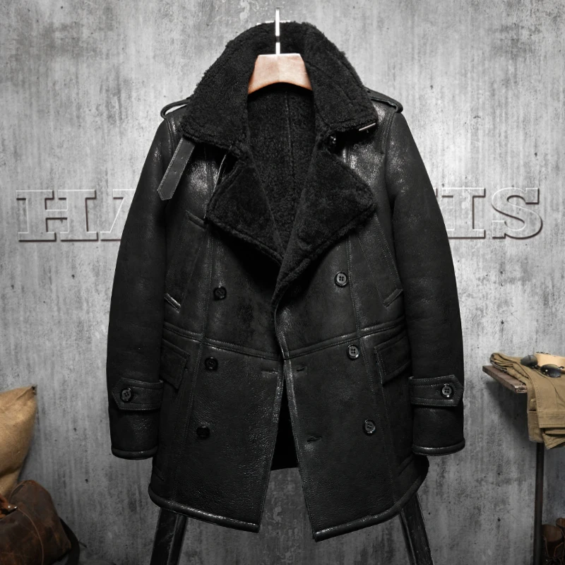 Черный с лацканами Для мужчин; кожаная куртка Дубленки длинные Стиль Для Мужчин's Мех животных пальто авиации Кожевенное ремесло парка