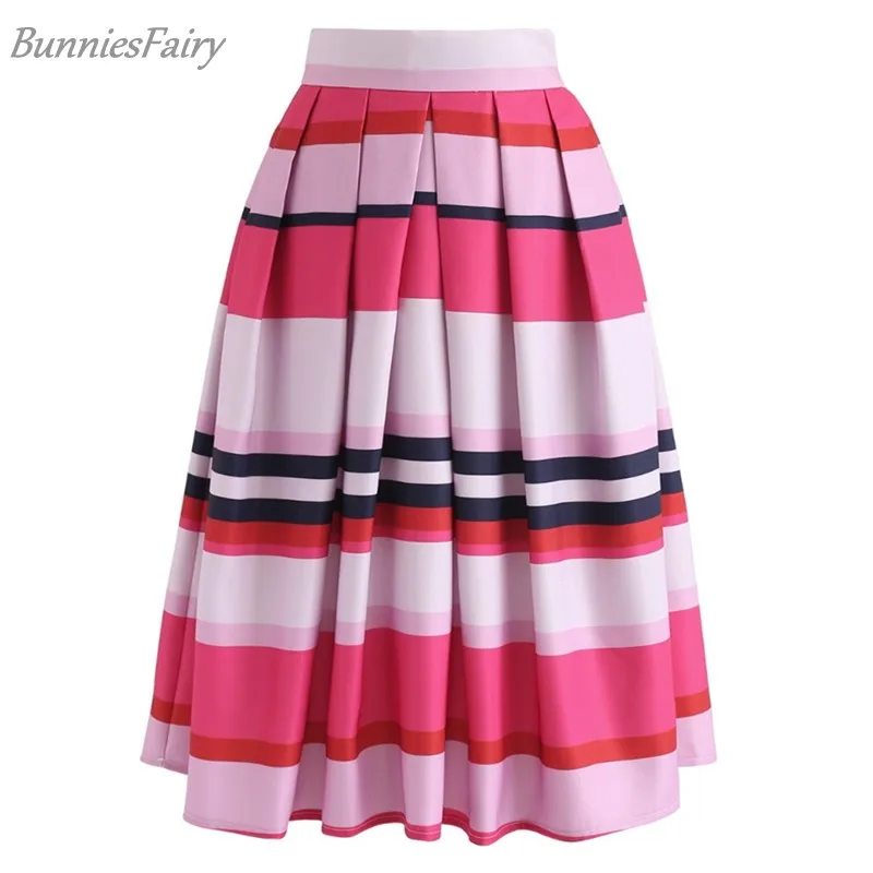 BunniesFairy Autumn Hepburn 1950s 60s Vintage Retro Stayin' Alive Colorful Pink Stripes Geometric Print Pleated Midi Skirt