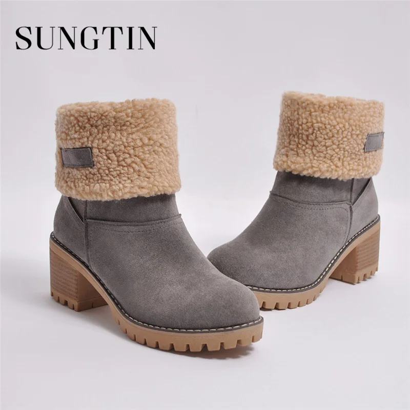 Sungtin/женские модные теплые зимние ботильоны; Зимние полусапожки на меху; женские замшевые ботинки на не сужающемся книзу массивном среднем каблуке с круглым носком