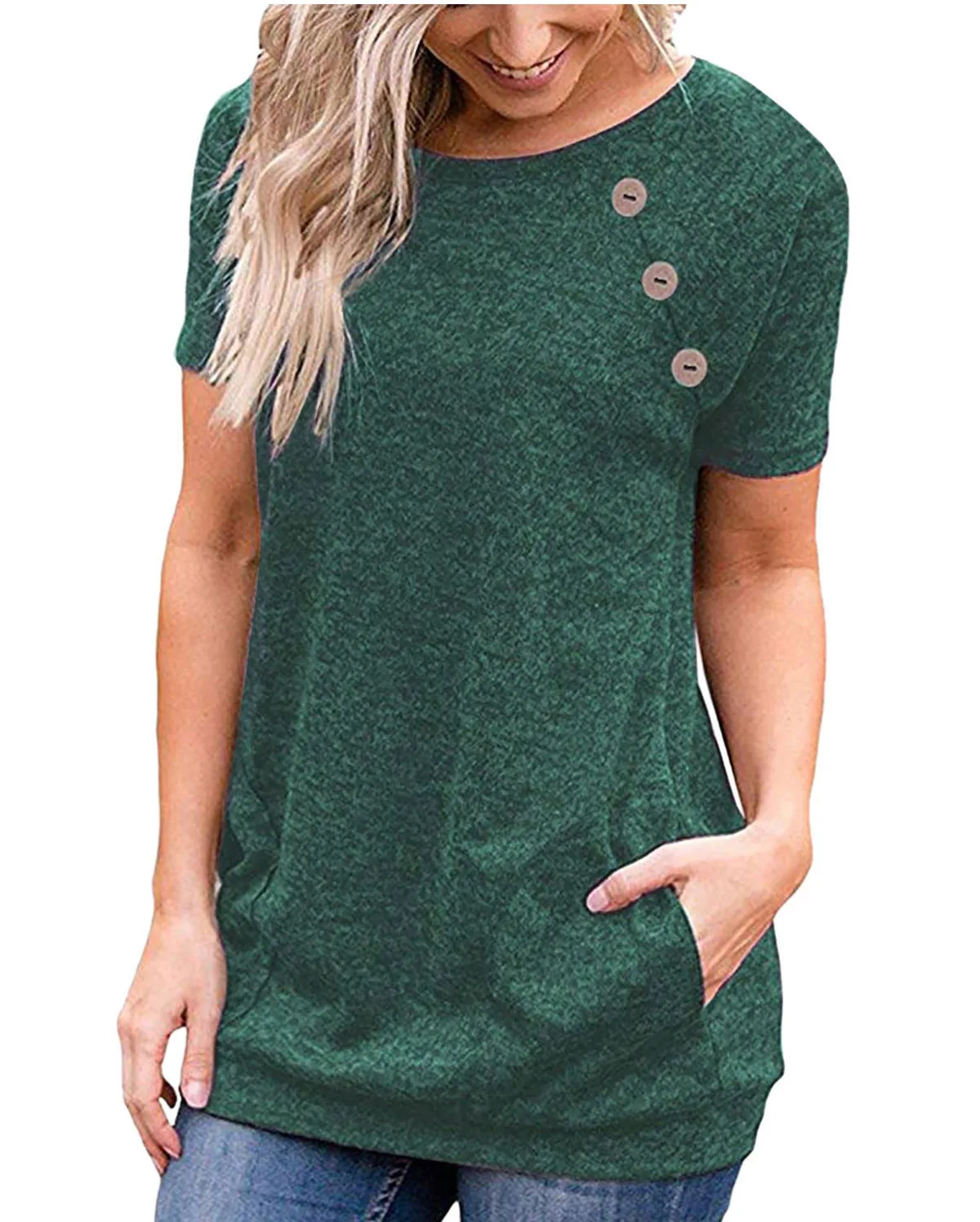 

2019 Spring New Style T-shirt Explosion Models Women Pockets Button Short-Sleeve