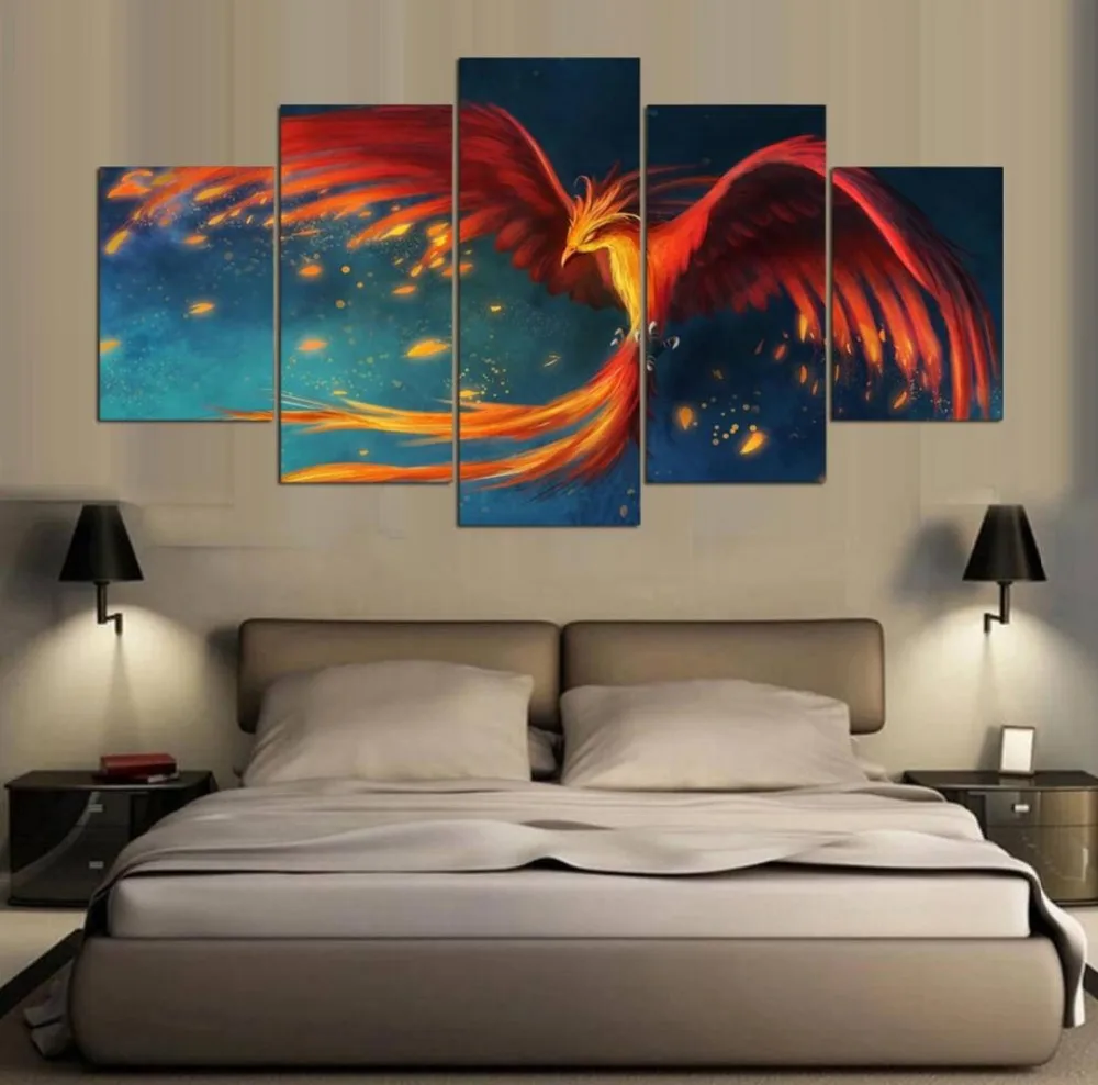 Games 5 panels Printed Phoenix Painting canvas 5 Pieces prints fans poster home decor framein