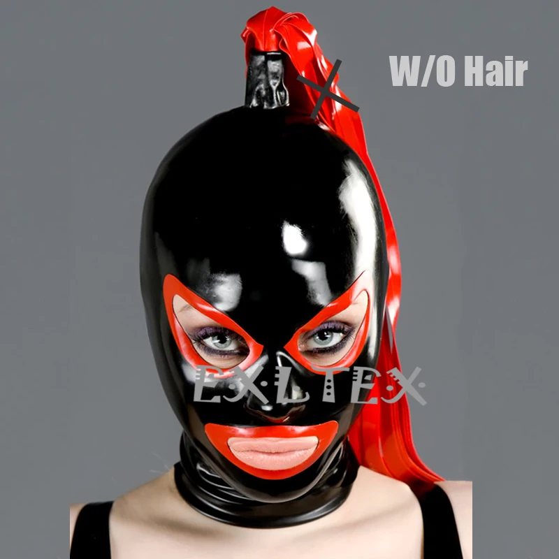 

Latex Hood Mask Holiday Rubber Hoods SM Mask with Red Trim Shaped Eyes and Mouth Nose Open with Ponytail without Hair Latex Mask
