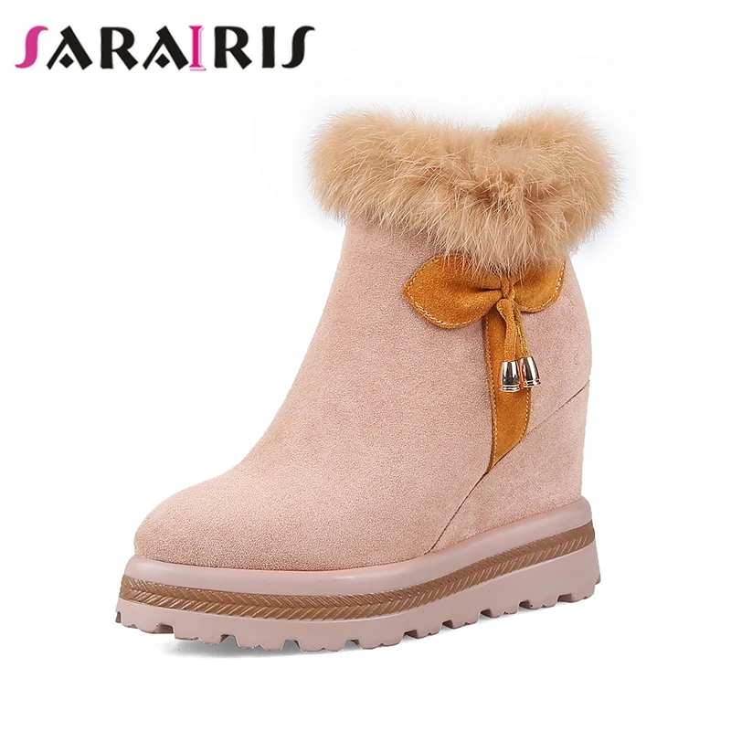 

SARAIRIS 2019 new arrival platform pink black winter women shoes cow suede bow warm fur ankle boots wedges high heels