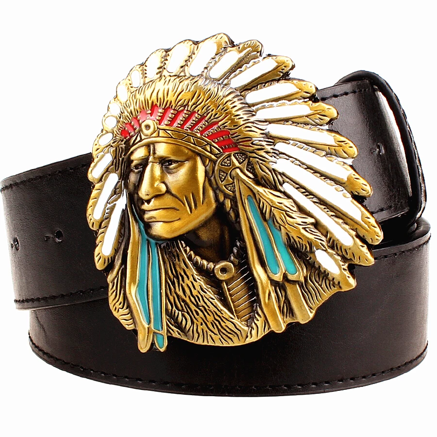 Cinturón de moda para hombre, hebilla de cabeza india, cinturón de vaquero Oeste, punk rock, cinturón de cuero para cabeza de jefe indio, de hip hop|buckle safety belt|belt buckle