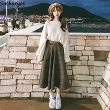 Юбки Женские зимние шерстяные клетчатые Ретро универсальные корейские стильные элегантные длинные юбки женские трендовые студенческие Moda Mujer милые