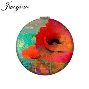 

JWEIJIAO Red Poppy Flowers Makeup Mirrors Mini Round Folding Compact Photo Print PU Leather Pocket Mirror 1X/2X Magnifying