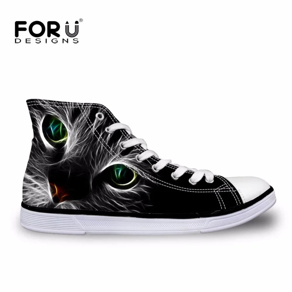 

FORUDESIGNS 2018 Autumn Fashion Men's High-Top Vulcanize Shoes Cool Black Cat Lace-up Canvas Shoes Male Casual Boys Flat Shoes