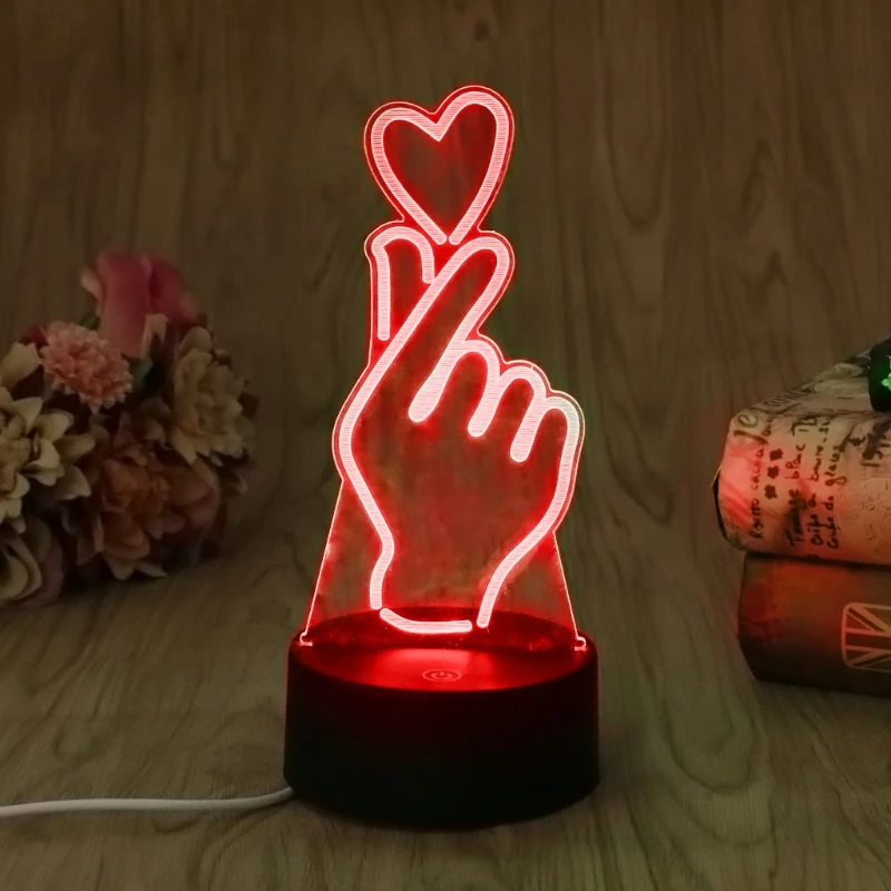  YAM USB Novelty 7 Colors Romantic Changing Finger Heart LED Night Light 3D Desk Table Lamp Magic Ni