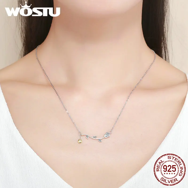 

WOSTU Authentic 100% 925 Sterling Silver Rose Flower Heart Love Women Pendant Necklaces Luxury Sterling Silver Jewelry FIN170