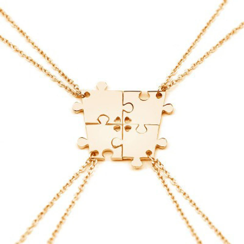 4 Pieces Silver Color Jigsaw Puzzle Pendants Necklace Mother Necklace