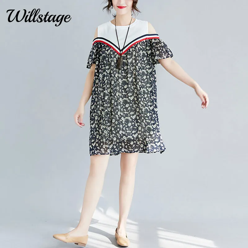 Willstage летнее шифоновое платье Oversize с коротким рукавом открытыми плечами Большие