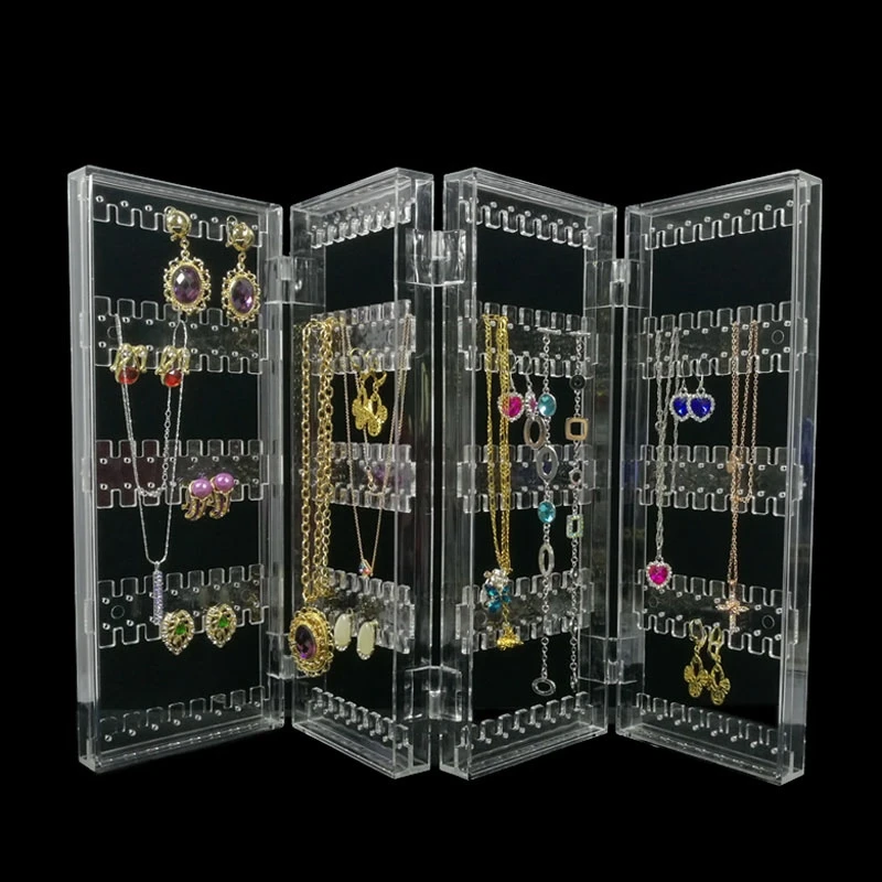Porpular Foldable Clear Acrylic Jewelry Organizer Holder Makeup 4 Panel 256 Holes Earring Stud Necklace Case Cabinet Stand Shelf