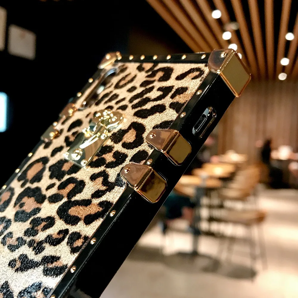 Fashion Rivet Square Box Leopard Case Cover For iPhone 11 Pro XS Max XR X 8 7 6S Plus Samsung Galaxy NOTE 10 9 8 S10E S9 S8 Plus