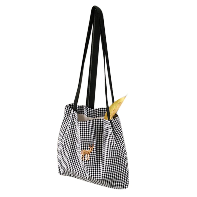 Женская Холщовая Сумка на плечо черно-белая клетчатая вышивка женская сумка для покупок ручные сумки из хлопчатобумажной ткани пляжные сумки - Цвет: Fawn embroidery