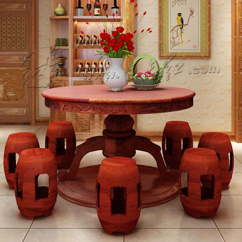 Patio Outdoor Garden Round Desk and 6 Stool Set Rosewood Living Room Oval Tulip Table Solid Wood Carved works small seat Carving
