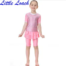 2017 Children Girl Striped Swimsuit Muslim Kids Girl Summer O-neck Short-sleeve Swimwear Slim Skirt Design 2 Pieces Beachwear