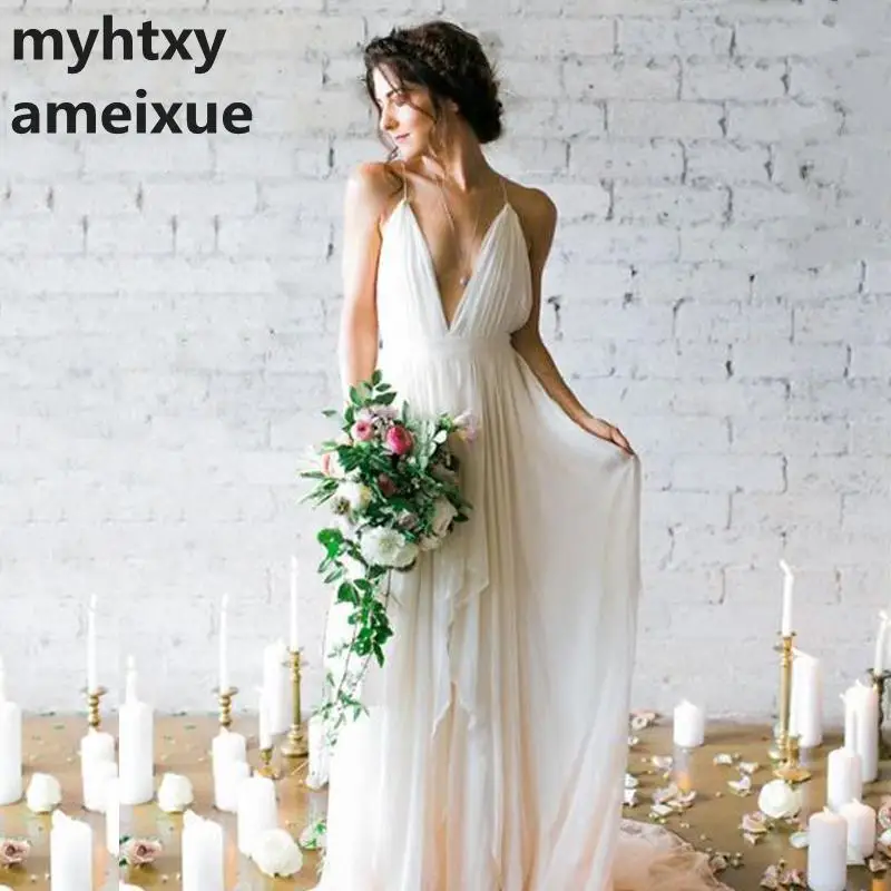 

Simple Boho Cheap Wedding Dress Beach 2018 Robe De Mariee Plunging Sexy Bridal Dress Chiffon Wedding Dresses Spaghetti Straps