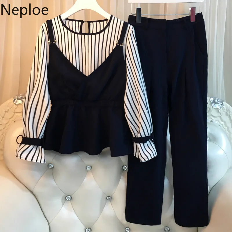 Комплект Neploe из 2 предметов женские полосатые Лоскутные рубашки с круглым