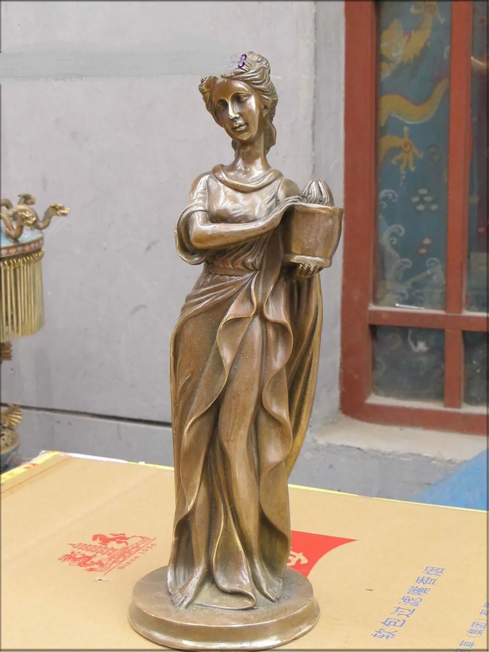 

16.5" Western Art bronze pan head hold Flowerpot belle beauty sculpture