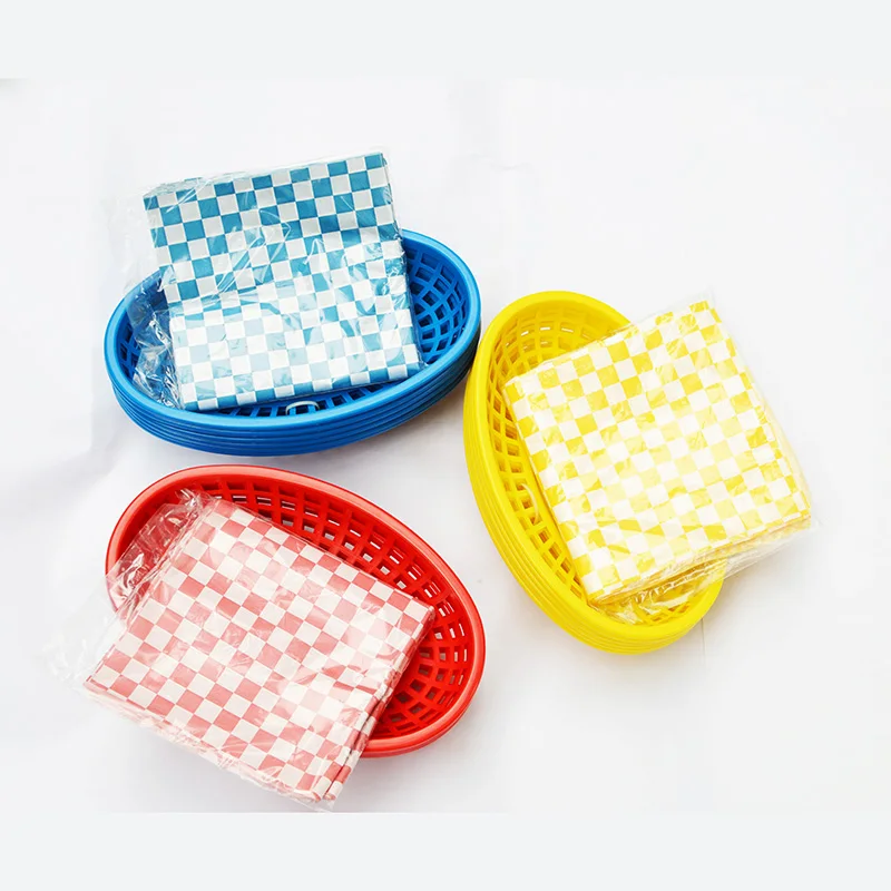 Hot Plastic Fast Food Basket 6pcs Hot Dog Plasic Basket + 24pcs Checked