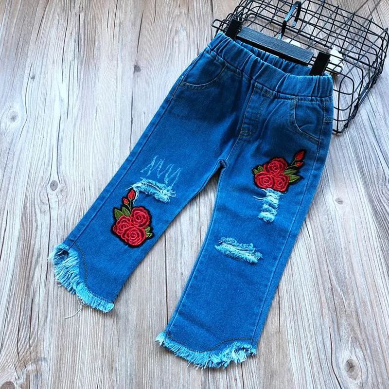 Мультфильм Мода Вышитые Для детей для маленьких мальчиков штаны для девочек Джинсы для маленьких девочек брюки детские брюки джинсы для девочек