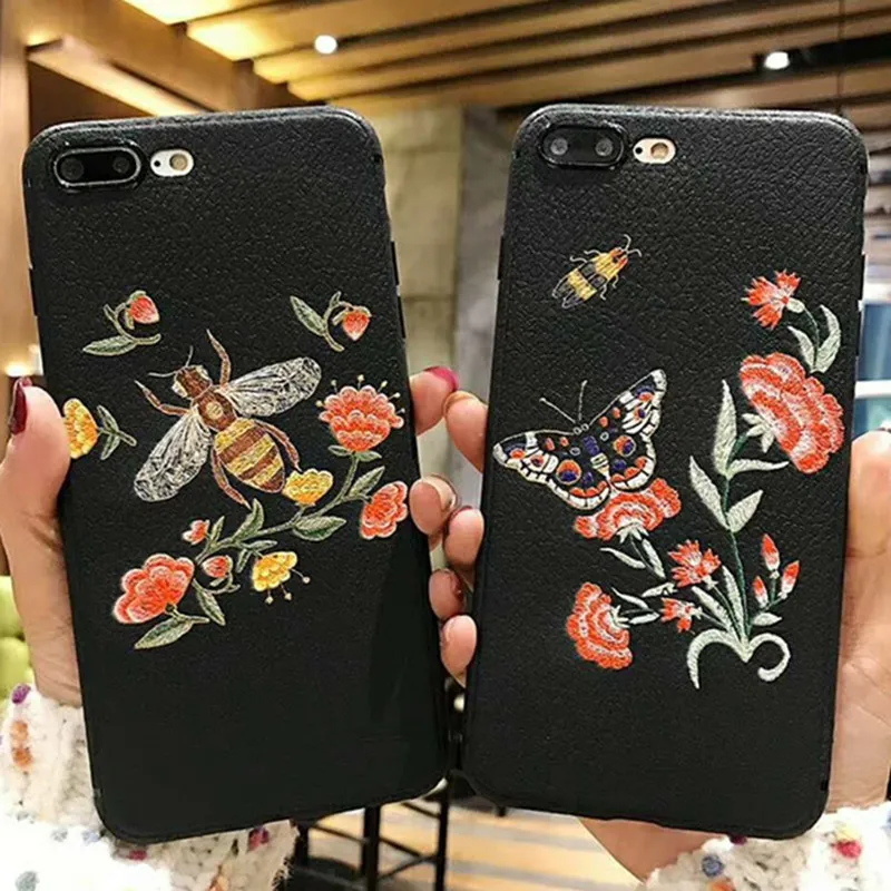 3D рельефная вышивка пчела чехол для телефона iPhone 6 8 7 текстура личи Мягкий ТПУ Plus X