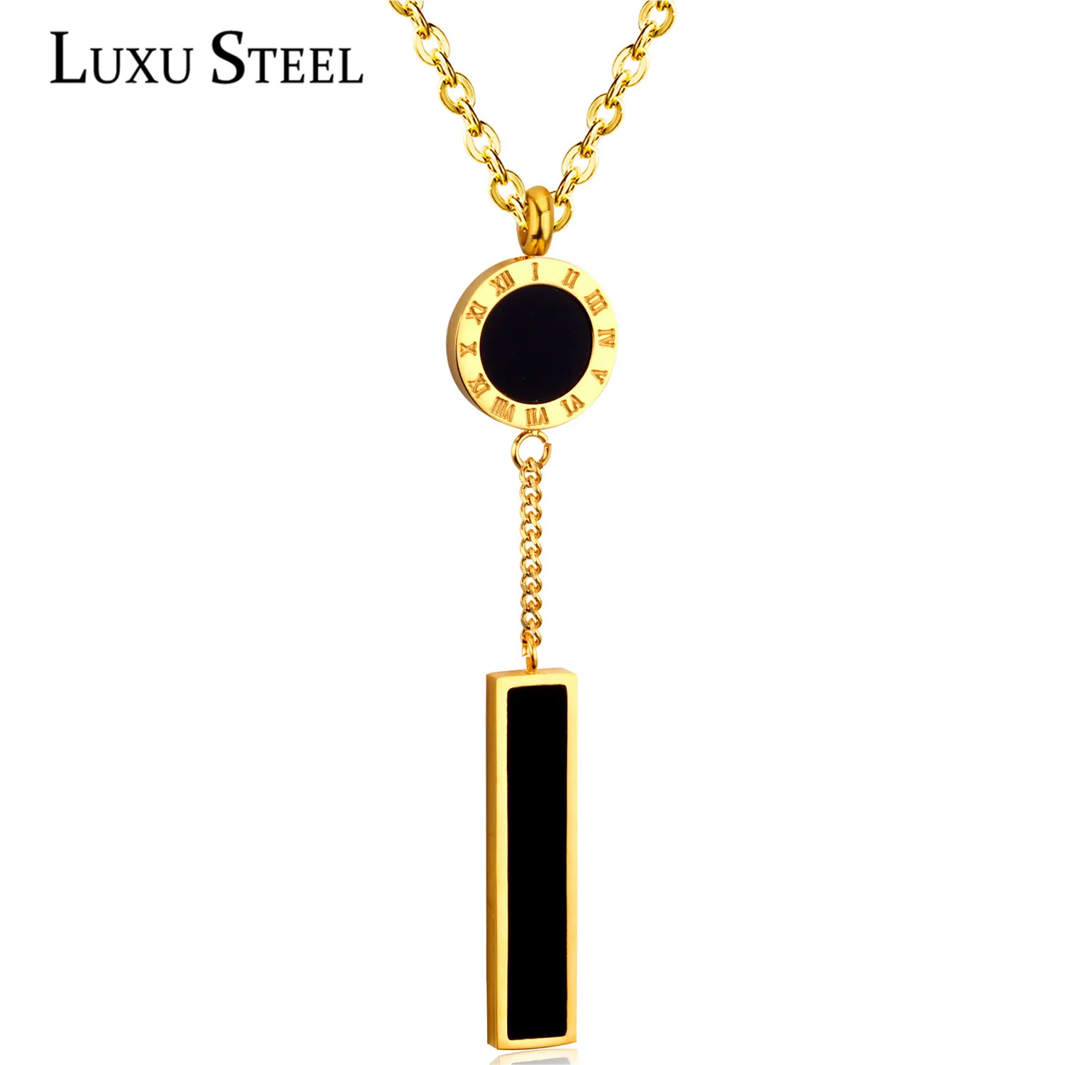 

LUXUSTEEL European Style Long Geometric Pendants Necklaces Roman Number Stainless Steel Chain Necklaces Fashion Accessories