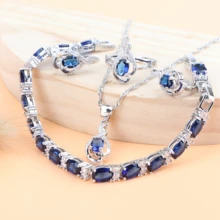 Свадебные серебряные Ювелирные наборы из голубого циркония 925, Женские Ювелирные изделия, браслет, серьги, кулон, ожерелье, кольца, набор, подарочная коробка