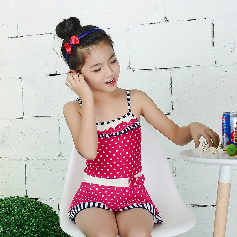 Red One Piece Girls Swimwear With Skirt Dot Printed Bathing Suits For ...