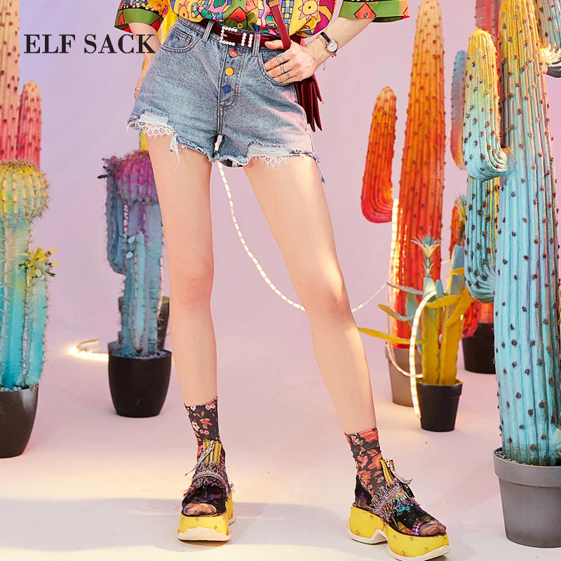 

ELF SACK New Summer Denim Shorts Woman Stylish Cotton Lace Patchwork Mid Waist Women Shorts Skinny Streetwear Ladies Jeans