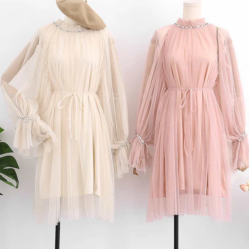 Kopen 2018 lente nieuwe vrouwelijke gaas jurk half vrouwelijke hoge kraag trompet mouw lange mouw losse jurk jurken chrismas