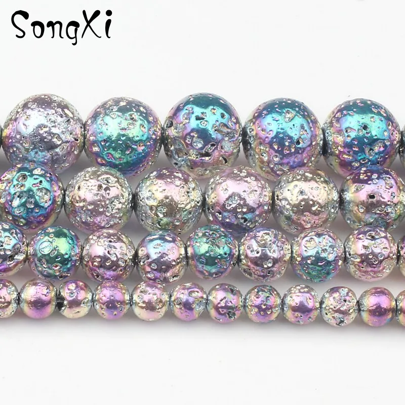 

Wholesale Purple with Rainbow Plated Colors Lava Stone 4 6 8 10mm 15'' Volcanic Rock Round Beads DIY Bracelet for Jewelry Making