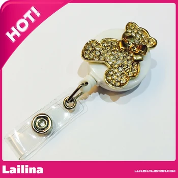 

Bling Rhinestone Gold Bear Decorated Retractable Badge Reel ID Holder